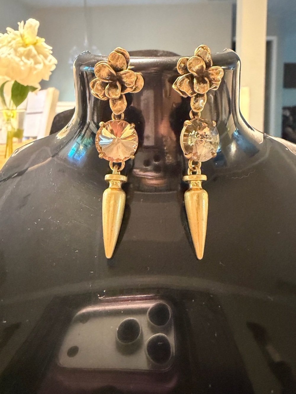 Stella&Dot Gold Floral Drop Earrings with Champagne Crystal Accent